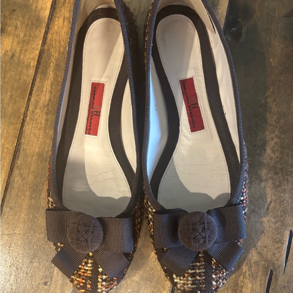 Carolina Herrera Brown Tweed Ballet Flats with Grosgrain Bow
